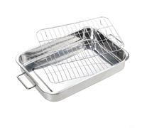 Sartén para asar de acero inoxidable con estantes, bandeja profunda para horno para pavo y pollo, parrilla pulida con espejo, bandeja para hornear para cocina, fácil de limpiar (39 x 28 x 6 cm)