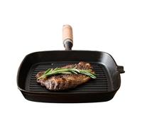 Sartén para carne, sartén para parrilla, plancha de hierro fundido, cocina cuadrada antiadherente, mango de madera cómodo, para barbacoa, cocina, portón trasero, 9.45 x 1.18 pulgadas, color negro, 1