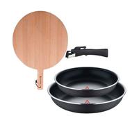Bergner Click&Cook Juego de 2 Sartenes Ø22Ø26cm Aluminio prensado negro con Mango desmontable+Tabla de corte Redonda de 38x28x1,5cm en madera de haya