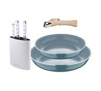 Bergner Click&Cook Juego de 2 Sartenes Ø24Ø28cm Aluminio prensado Verde con Mango extraíble+Juego de 3 Cuchillos con Tacoma