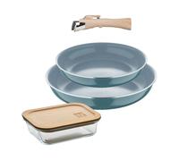 Bergner Click&Cook Juego de 2 Sartenes Ø24Ø28cm Aluminio prensado reciclado Verde con Mango extraíble+Hermético de 650ml en vidrio de borosilicato