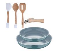 Bergner Click&Cook Juego de 2 Sartenes Ø24Ø28cm Aluminio prensado Verde con Mango extraíble+Juego de 3 Utensilios de cocina en silicona y madera