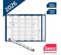 Sasco 2026 Compact Year Wall Planner 610W x 405mmH Landscape With Wet Wipe Pen & Sticker Pack Unmounted - 2410267