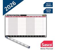 Sasco Planificador anual de pared 2026 con bolígrafo de borrado húmedo y paquete de calcomanías, negro y rojo, estilo póster, 750 mm de ancho x 410 mm de alto