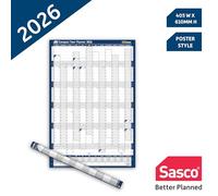 Sasco Planificador de pared compacto 2026 con bolígrafo de borrado húmedo y paquete de calcomanías, azul, estilo póster, 405 mm de ancho x 610 mm de alto