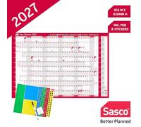 Sasco Planificador de pared del año europeo 2027 con bolígrafo de borrado húmedo y paquete de 378 pegatinas, color rojo, montado en tablero, 915 mm de ancho x 610 mm de alto
