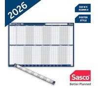 Sasco Planificador de pared para el año del personal 2026 con bolígrafo de borrado húmedo y paquete de calcomanías, azul, estilo póster, 915 mm de ancho x 610 mm de alto