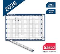 Sasco Planificador de pared vertical 2026 con bolígrafo de borrado húmedo y paquete de calcomanías, azul, estilo póster, 915 mm de ancho x 610 mm de alto