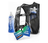 SASMO Chaleco para correr para hombre y mujer, 2 l, ultraligero, 210 g y transpirable, mochila para correr, 5 bolsillos, chaleco de correr para hombre, chaleco de hidratación para correr (negro, con 2