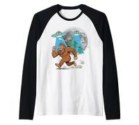 Sasquatch huyendo de alienígenas con diseño de Humor láser Camiseta Manga Raglan