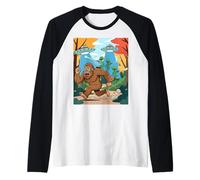 Sasquatch huyendo de alienígenas con diseño de Humor láser Camiseta Manga Raglan