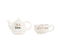 Sass & Belle Tetera 1 Taza Cerámica Blanca Dibujo Punteado