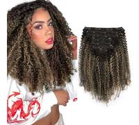 Sassina 4B 4C - Extensiones de cabello humano rizado afro con clip, dos tonos, doble trama, extensiones de cabello humano real, negro natural a rubio fresa, 7 unidades, 120 g, 14 pulgadas