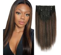 Sassina Extensiones de cabello grueso Yaki liso con clip, color negro natural a marrón chocolate, extensiones de cabello humano real, 120 g, 14 pulgadas, 7 unidades
