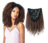 Sassina Extensiones de cabello humano afro rizado con clip para mujeres afroamericanas 4B 4C afro rizado con pinzas de doble trama, cabello humano Remy natural negro a marrón, doble trama, 7 piezas