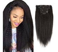 Sassina Extensiones de cabello humano afro tipo afro lacio con clip para mujeres negras, color natural, doble trama, extensiones de cabello Remy, 18 pulgadas, 120 g, 7 unidades