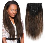 Sassina Extensiones de cabello humano Remy lacio tipo afro con clip, cabello humano virgen brasileño, color negro natural a caoba claro, extensiones de cabello humano grueso de 12 pulgadas, 120 g, 7