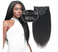 Sassina Extensiones de cabello humano sin costuras Remy Yaki con clip, extensiones de cabello lacio con clip para mujeres negras, color negro natural, extensiones de cabello humano invisible, trama de