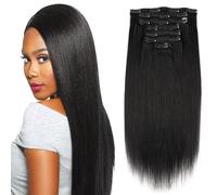 Sassina Extensiones de cabello humano Yaki grueso y liso con clip, cabeza completa, color negro natural, extensiones de cabello Yaki para mujeres negras, 20 pulgadas, 7 piezas/juego, 120 gramos