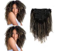 Sassina Extensiones de cabello rizado tipo afro para mujeres afroamericanas, color negro natural que se desvanece a rubio fresa, extensiones de cabello grueso para cabeza completa, 16 pulgadas, 4.23