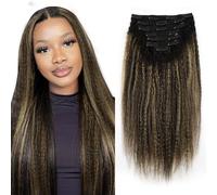 Sassina Kinky Extensiones de pelo recto con clip de 40,64 cm de grosor, para mujeres, color negro, negro natural, decolorado, rubio fresa, rizado, 120 g, 7 unidades