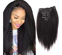 Sassina Kinkys - Extensiones de cabello humano lacio con clip, doble trama, pelo virgen sin procesar, cabeza completa, grueso, 7 piezas con 17 clips, 120 g, 14 pulgadas