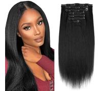 Sassina Yaki - Extensiones de cabello humano Remy con clip, doble trama, grueso, recto, para mujeres negras, 18 pulgadas, 7 piezas, 17 clips, 120 g, negro azabache #1