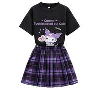 Satdflie Anime Kuro-mi Conjunto Falda y Top Niñas Verano Camiseta Manga Corta y Minifalda Plisada de Cuadros Trajes 2 Piezas, Negro, XXS