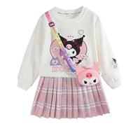 Satdflie Cartoon Conjunto Falda y Top para Niñas Jersey Manga Larga + Mini Falda Plisada + Bolso de Dibujos Animados 3 Piezas Traje, Rosa, XXS