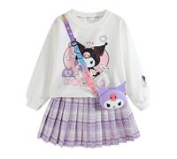 Satdflie Cartoon Conjunto Falda y Top para Niñas Jersey Manga Larga + Mini Falda Plisada + Bolso de Dibujos Animados 3 Piezas Traje, Morado, M