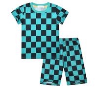 Satdflie Demon Slayer Camiseta Pijama Conjunto para Mujeres Hombres, cuadrícula impresión Cuello Redondo suéter Ropa de Noche, 2PC Manga Corta Pantalones Cortos Conjunto, Verde, 160 tamaño