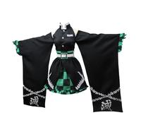 Satdflie Demon Slayer Cosplay Disfraz Nuevo Mujeres Agatsuma Tanjirou Kimono Vestido Conjunto Uniforme Completo Halloween Off Shoulder Falda Traje, para Anime Fans Regalo, Verde, XL