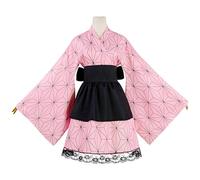 Satdflie japonés Anime Demon Slayer Cosplay Disfraz Kimono Trajes Uniforme Conjunto para Mujeres Niñas Vestido de criada de fiesta de Halloween, Kamado Nezuko, XS
