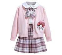 Satdflie Kuro-mi My Me-lody Conjuntos de Ropa para Niñas JK Uniforme Escola Cárdigan de Punto + Minifalda Plisada + Camisa + Pajarita, Rosa, S