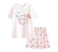 Satdflie Mujeres Chiikawa Pajama Conjunto para Las niñas 2 Piezas de Manga Corta con Pantalones Cortos PJ Set Impresión de Dibujos Animados Ropa de Noche Algodón Salón Set, Rosa/3, M