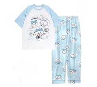 Satdflie Mujeres Chiikawa Pajama Conjunto para Las niñas 2 Piezas de Manga Corta con Pantalones Cortos PJ Set Impresión de Dibujos Animados Ropa de Noche Algodón Salón Set, Azul/5, L