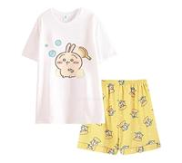 Satdflie Mujeres Chiikawa Pajama Conjunto para Las niñas 2 Piezas de Manga Corta con Pantalones Cortos PJ Conjunto de Dibujos Animados impresión Ropa de Noche algodón salón Conjunto, Amarillo/3, XL