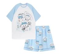 Satdflie Mujeres Chiikawa Pajama Conjunto para Las niñas 2 Piezas de Manga Corta con Pantalones Cortos PJ Set Impresión de Dibujos Animados Ropa de Noche Algodón Salón Set, Azul/2, M