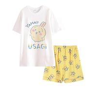 Satdflie Mujeres Chiikawa Pajama Conjunto para Las niñas 2 Piezas de Manga Corta con Pantalones Cortos PJ Set Impresión de Dibujos Animados Ropa de Noche Algodón Salón Set, Amarillo/1, S
