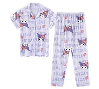 Satdflie Mujeres Niños Pajama Conjunto para Niñas pequeñas y Grandes, Dibujos Animados impresión botón Abajo Loungewear Sleepset, Mangas Cortas 2PC y Pantalones Conjunto, púrpura, 5XS