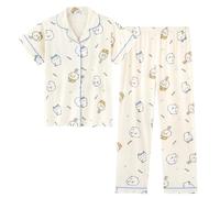 Satdflie Mujeres Niños Pajama Conjunto para Niñas pequeñas y Grandes, Dibujos Animados impresión botón Abajo Loungewear Sleepset, Mangas Cortas 2PC y Pantalones Conjunto, Beige, 5XS