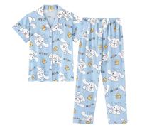 Satdflie Mujeres Niños Pajama Conjunto para Niñas pequeñas y Grandes, Dibujos Animados impresión botón Abajo Loungewear Sleepset, Mangas Cortas 2PC y Pantalones Conjunto, Azul, 5XS