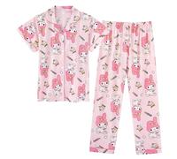 Satdflie Mujeres Niños Pijama Conjunto para niñas pequeñas y Grandes, Dibujos Animados impresión botón Abajo Loungewear Sleepset, Mangas Cortas 2PC y Pantalones Conjunto, Rosa, 5XS