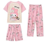 Satdflie My Melody Petite Mujeres y Niñas Manga Corta Pijama Conjunto de 3 Piezas, Verano Camiseta y Pantalones Cortos y Pantalones, Rosa 1, S