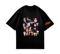 Satdflie SKZ Camisetas para Mujeres Stray Kids Run IT Fans de Apoyo a Las Camisetas de Concierto, Bangchan Jisung Felix Hyunjin I.N Changbin Dibujos Animados Manga Corta de Verano, Negro/2, 4XL