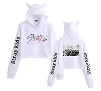 Satdflie Stray Kids Sudaderas con Capucha Orejas de Gato Bonitas Mujer Ombligo al Aire Jersey de Manga Larga Top Corto Estampado para Fans Bang Chan Changbin Hyunjin Felix, Color/10, XXS
