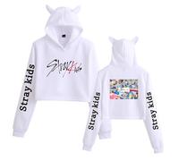 Satdflie Stray Kids Sudaderas con Capucha Orejas de Gato Bonitas Mujer Ombligo al Descubierto Jersey de Manga Larga Top Corto Estampado para Fans Bang Chan Changbin Hyunjin Felix, Color/18, XS