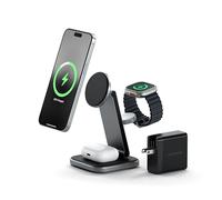 SATECHI Estación de Carga Inalámbrica 3 en 1, Qi2 15W Cargador Magnético de Viaje para los Modelos de la Serie iPhone 16 a 12, Apple Watch Series 10-7, Ultra/Ultra 2 y AirPods 4 (ANC) 3/2 y Pro, Gris