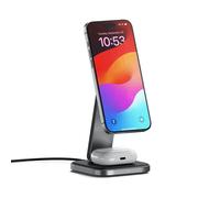 Satechi Soporte Cargador Inalámbrico Plegable 2 en 1 Qi2 15W, Compatible con iPhone y AirPods, con Base de Cuero Vegano y Aluminio