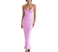 Satén Sexy Backless Maxi Vestido para Mujer Bata Moda Spaghetti Strap Sin Mangas Flaco Fiesta Vestido Largo Vestido-Fuchsia,L